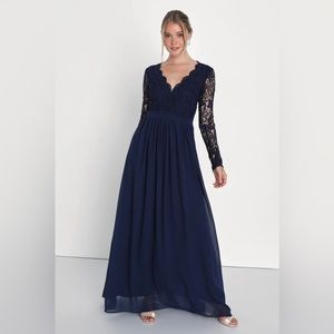 Brand new with tags LuLus navy blue long sleeve lace maxi dress